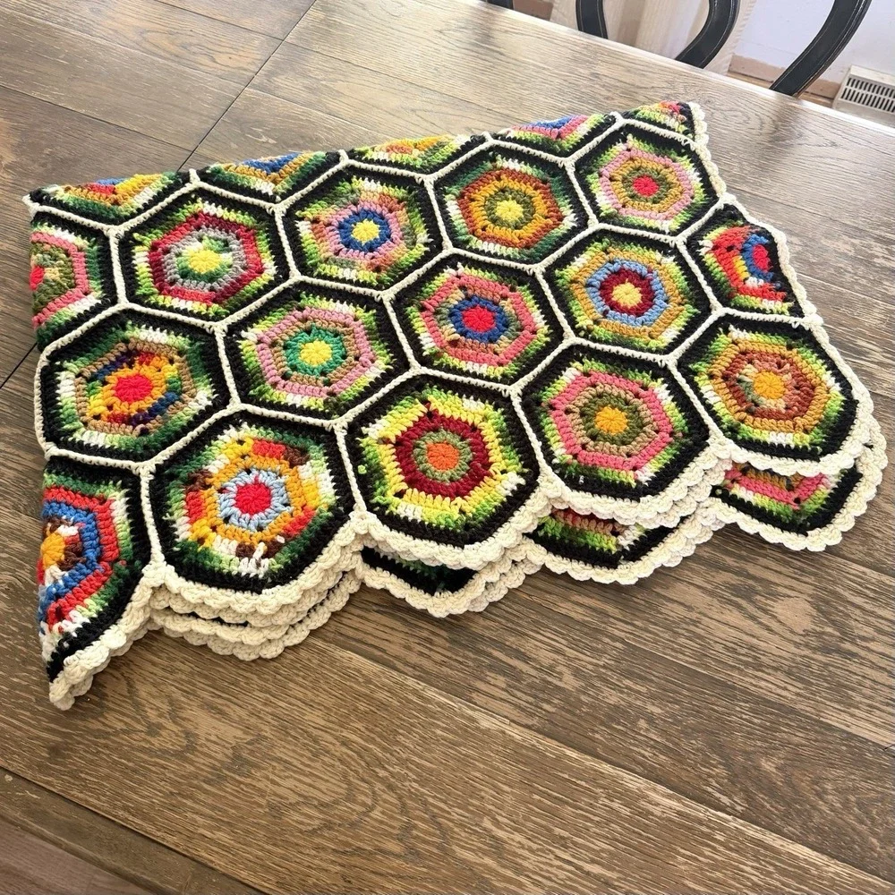 Handmade Crochet Throw Afghan Blanket Colorful‎ Granny Cottage Core Vtg 90s Sofa